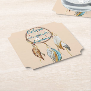 Creme Brown Türkis White Feathers Dream Catcher Untersetzer