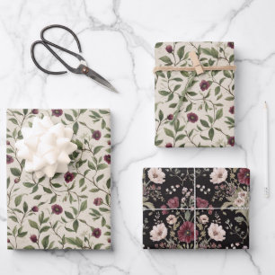Creme Burgunder Blumen Braut Dusche Geschenkpapier Set