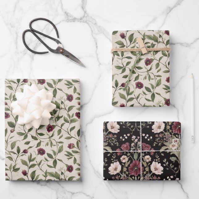 Creme Burgunder Blumen Braut Dusche Geschenkpapier Set (Vorderseite)