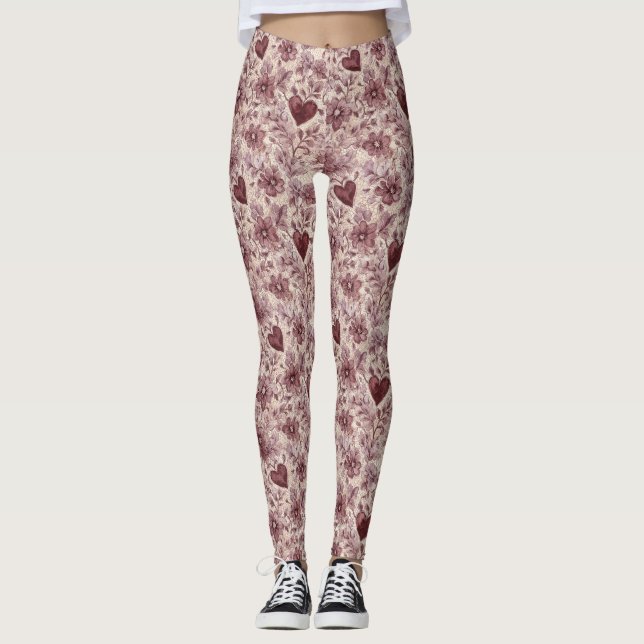 Creme Burgunderrote Herzen Blumen Leggings (Vorderseite)