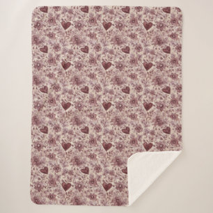 Creme Burgunderrote Herzen Blumen Sherpadecke