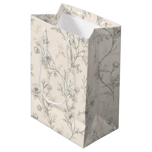 Creme-chic Hochzeit mit Blumenmuster Mittlere Geschenktüte (Vorderseite Schrägansicht)