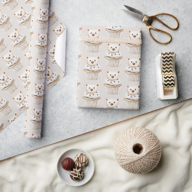 Creme-Cupcake-Bären-Geburtstag Geschenkpapier (Kunsthandwerk)