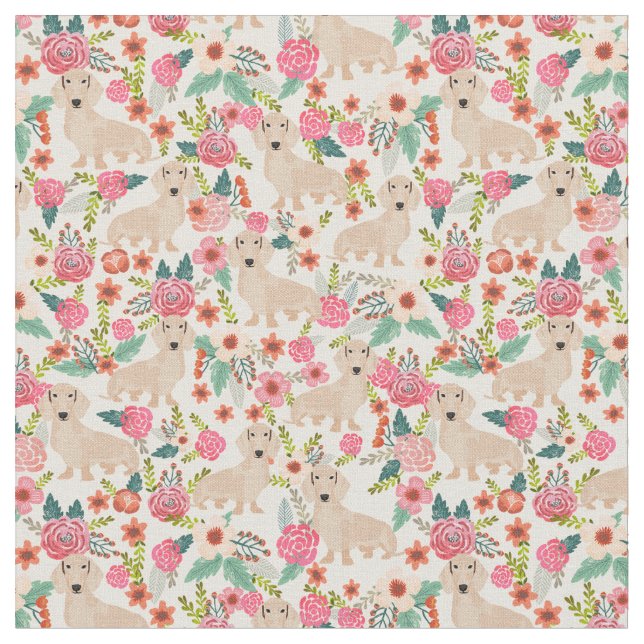 Creme Dackel Vintage Blumenmotive Stoff (Nahaufnahme)