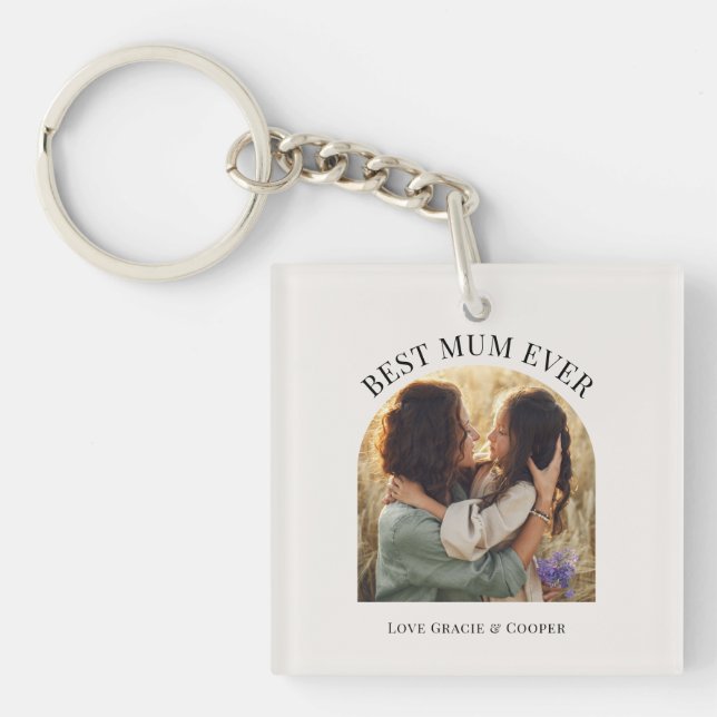 Creme elegante Foto Typografie beste Mum Schlüsselanhänger (Vorderseite)