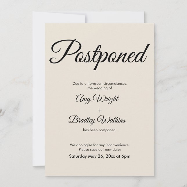 Creme Elegante vertagte Hochzeitsankündigung Einladung (Vorderseite)