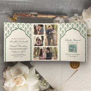 Creme Emerald Grün Ikat All in One Indische Hochze Dreifach Gefaltete Einladung