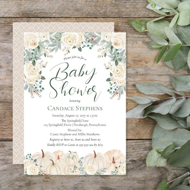 Creme Floral | Pumpkins Fall | Kinderdusche im Her Einladung (Beautiful gender neutral forest and sage green with cream-colored pumpkins and florals "Baby Shower")