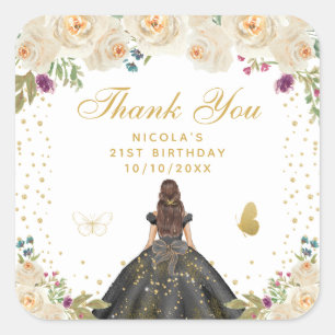 Creme Florale Braunhaarige Haarprinzessin Geburtst Quadratischer Aufkleber