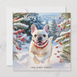 Creme-Französische Bulldogge im Schnee Frohe Weihn Feiertagskarte