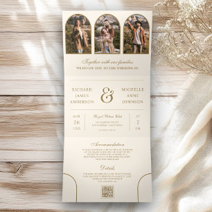 Creme Gold Bogen Foto QR Code Hochzeit Dreifach Gefaltete Einladung