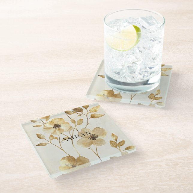 Creme Gold Floral Glasuntersetzer (Schrägansicht)