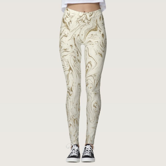 Creme & Gold Glitzer Marmor Swirl Moderner Glanz Leggings (Vorderseite)