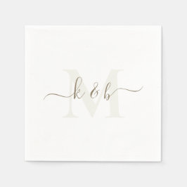 Creme & Gold Monogram Swash Script White Cocktail Serviette