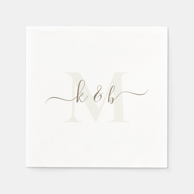 Creme & Gold Monogram Swash Script White Cocktail Serviette (Vorderseite)