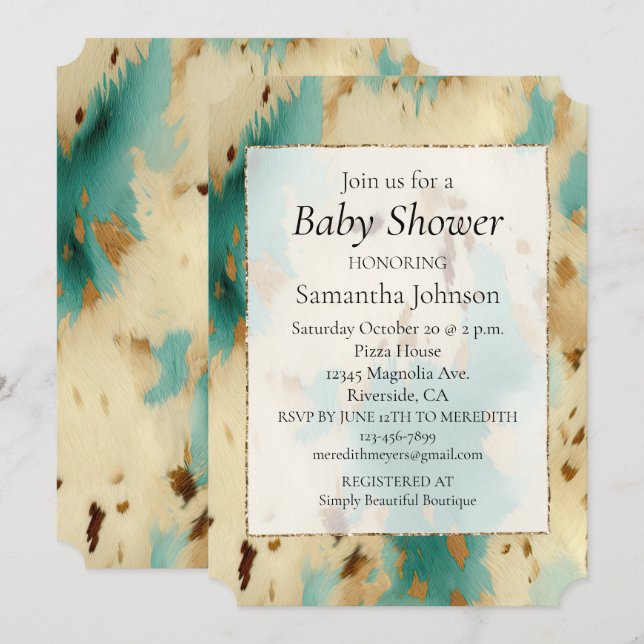 Creme Gold Türkis Cowhide Einladung (Vorne/Hinten)