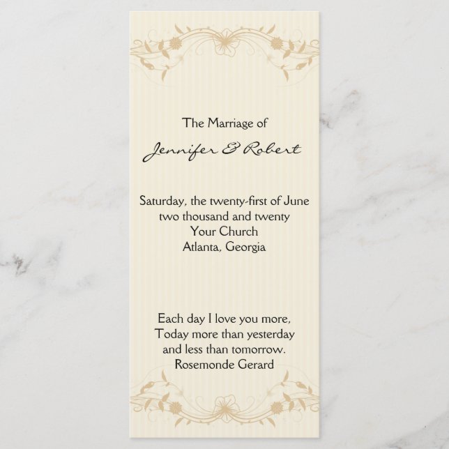 Creme-Gold-Vintage-Streifen Hochzeitsprogramm Programm (Vorderseite)