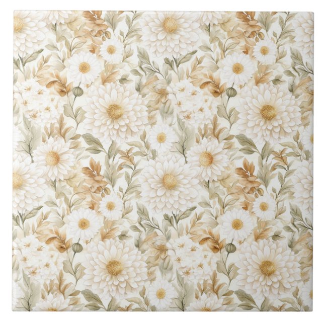 Creme Gold Weiß Landblumen Fliese (Vorderseite)