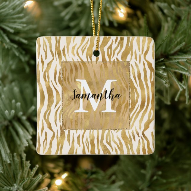 Creme Gold Zebra Print Monogram Keramikornament (Baum)