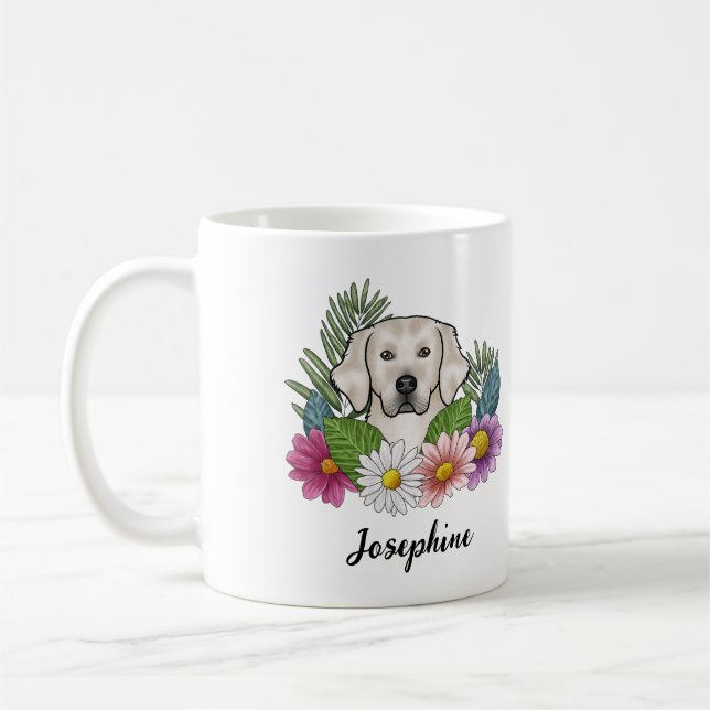 Creme Golden Retriever farbige Blume und Name Kaffeetasse (Links)
