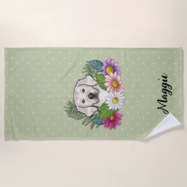 Creme Golden Retriever farbige Blume und Name Strandtuch