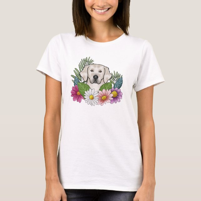 Creme Golden Retriever Head mit bunten Blume T-Shirt (Vorderseite)