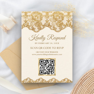 Creme-Goldfolie-Spitze QR-Code RSVP Hochzeitswebsi Begleitkarte
