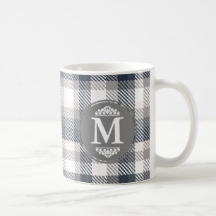 Creme & Grau-Karierter Monogramm-Letter Tasse