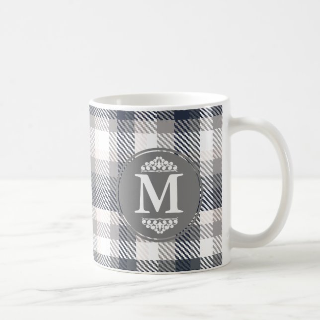 Creme & Grau-Karierter Monogramm-Letter Tasse (Rechts)