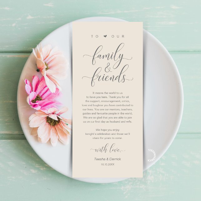 Creme Graue Hochzeit Tischkarten Danksagungskarte Programm (Cream and Grey Wedding Place Setting Thank You Card, Dinner Lunch Brunch Party Celebration)