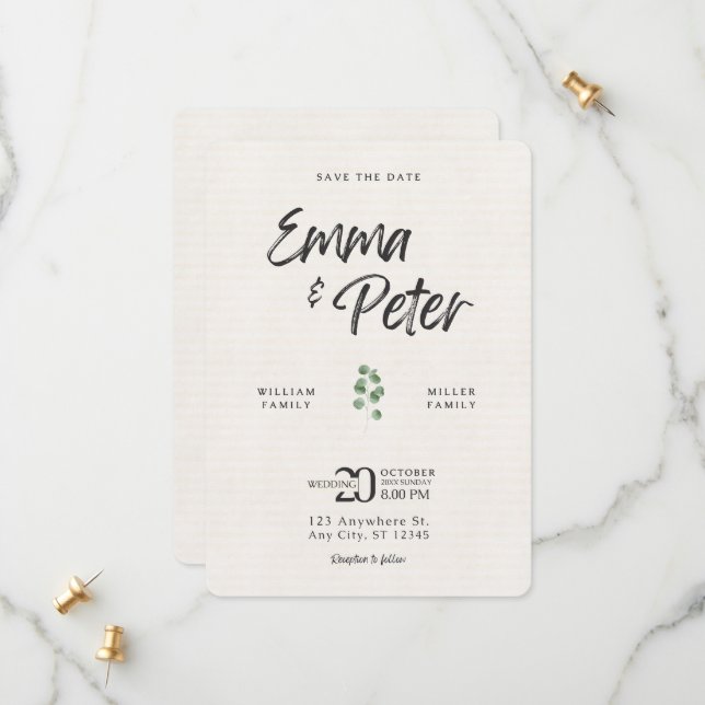 Creme Green Leafe Modern Save the Date Card (Vorderseite/Rückseite Beispiel)