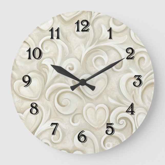 Creme-Herz-Wirbel Große Wanduhr (Vorderseite)