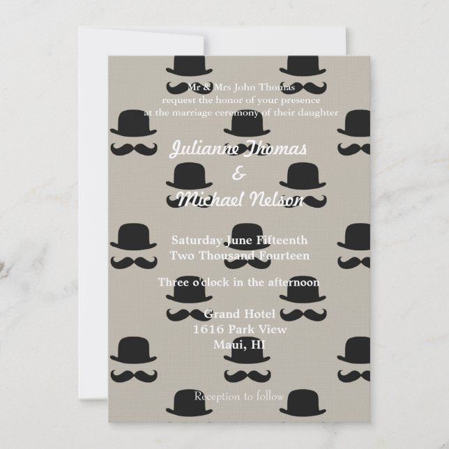 Creme Hipster Hats und Mustaches Hochzeit Einladung (Vorderseite)