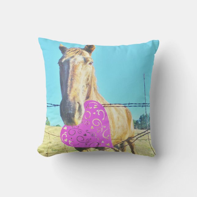 Creme Horse & Heart Rosa und Blau Kissen (Vorderseite)