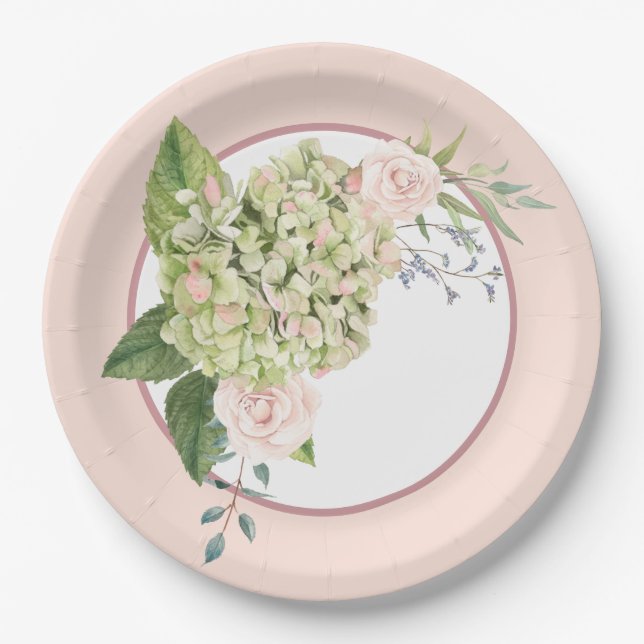 Creme Hydrangea und Rose Pappteller (Vorderseite)