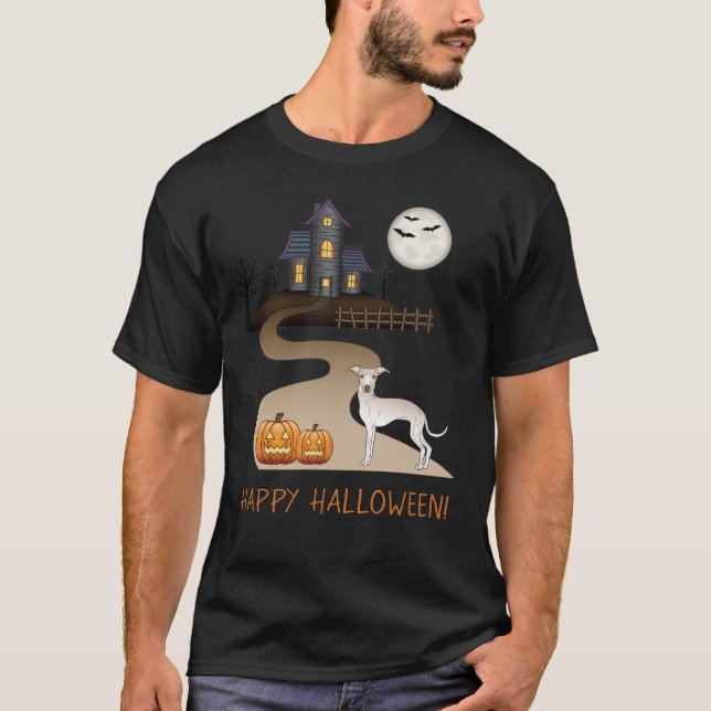 Creme Iggy Niedlich Hund und Halloween Spuk Haus T-Shirt (Vorderseite)