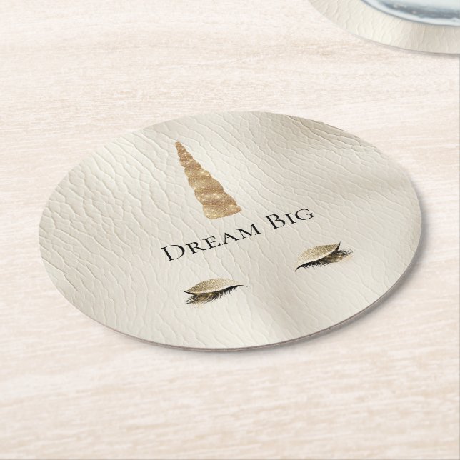 Creme Imitats Leather Gold Sparkle Glam Einhorn Runder Pappuntersetzer (Angewinkelt)