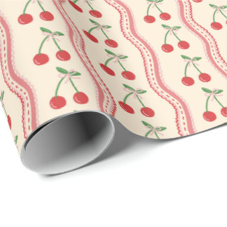 Creme-Kirsch-Muster mit rosa welligen Streifen Geschenkpapier