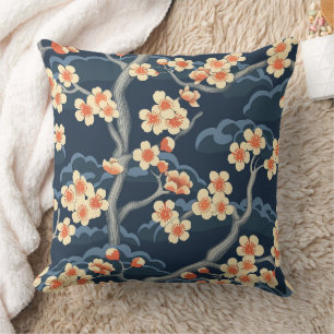 Creme Korallen-Sakura-Navyblau-Blumenmuster Kissen