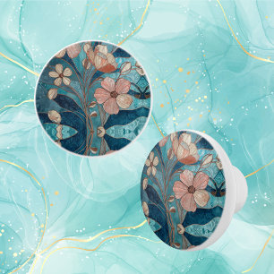 Creme Kupfer Blau Türkis Blumenmuster Keramikknauf