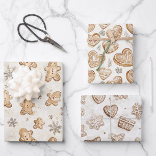 Creme Lebkuchen Weihnachtsherzen Schneeflocken Geschenkpapier Set