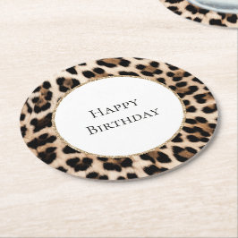 Creme Leopard Tier Gold Glitter Geburtstag Runder Pappuntersetzer