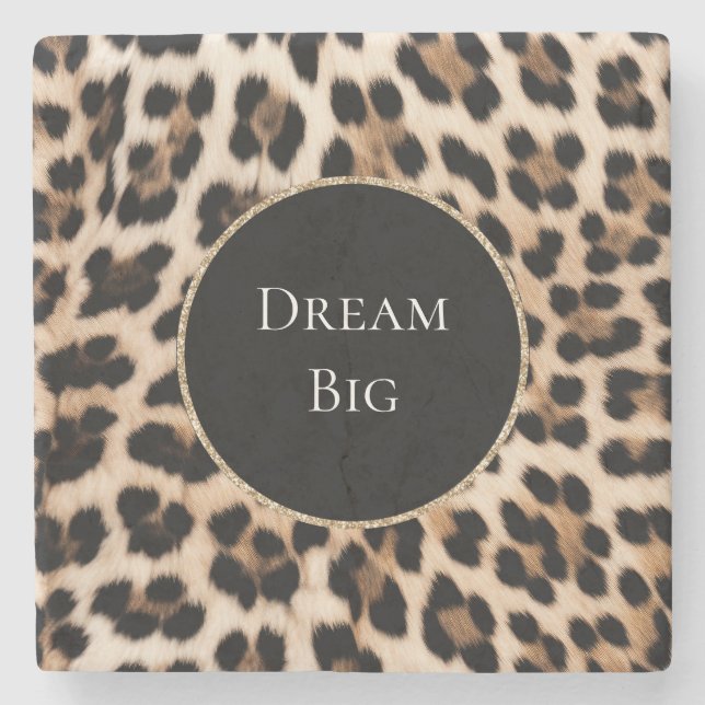 Creme Leopard Tier Gold Glitter Steinuntersetzer (Vorderseite)