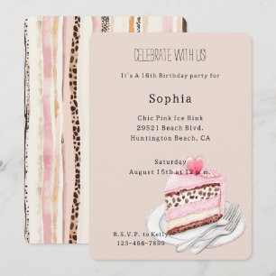 Creme-Leopard-Tier Rosa Herz Kuchen Geburtstag Einladung