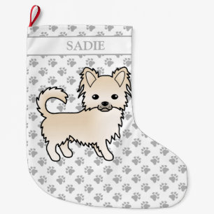 Creme Long Coat Chihuahua Cartoon Dog & Name Großer Weihnachtsstrumpf
