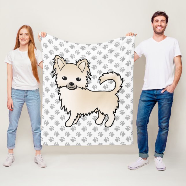 Creme Long Coat Chihuahua Cartoon Dog & Paws Fleecedecke (Beispiel)