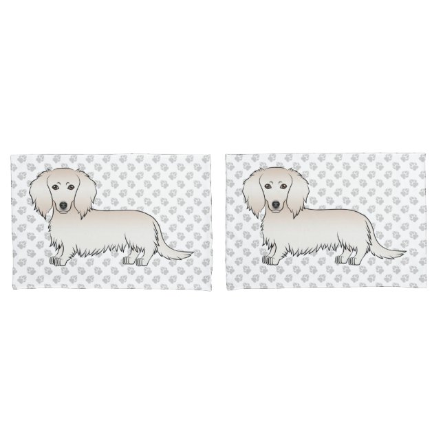 Creme Long Hair Dackel Niedlich Cartoon Dog & Paws Kissenbezug (Vorderseite-Set)