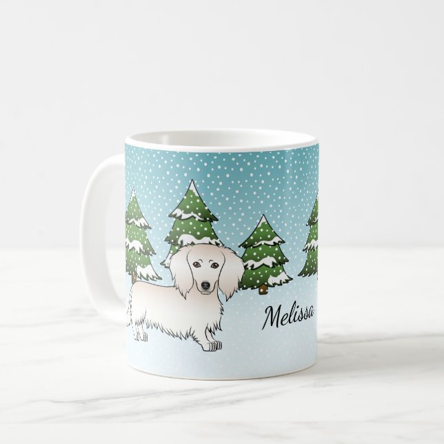 Creme Long Hair Dackel Niedlich Hund - Winterwald Kaffeetasse (Vorderseite Links)