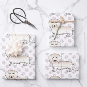 Creme Long Hair Dackel Niedlich Hunde Muster & Pfo Geschenkpapier Set