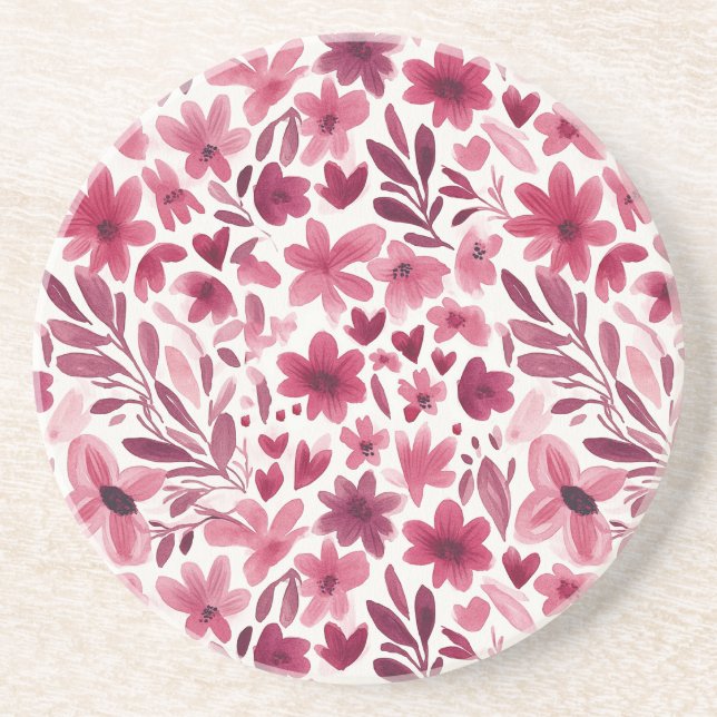Creme Mädchenhaft Rosa Rote Blumen Herzen   Getränkeuntersetzer (Vorne)